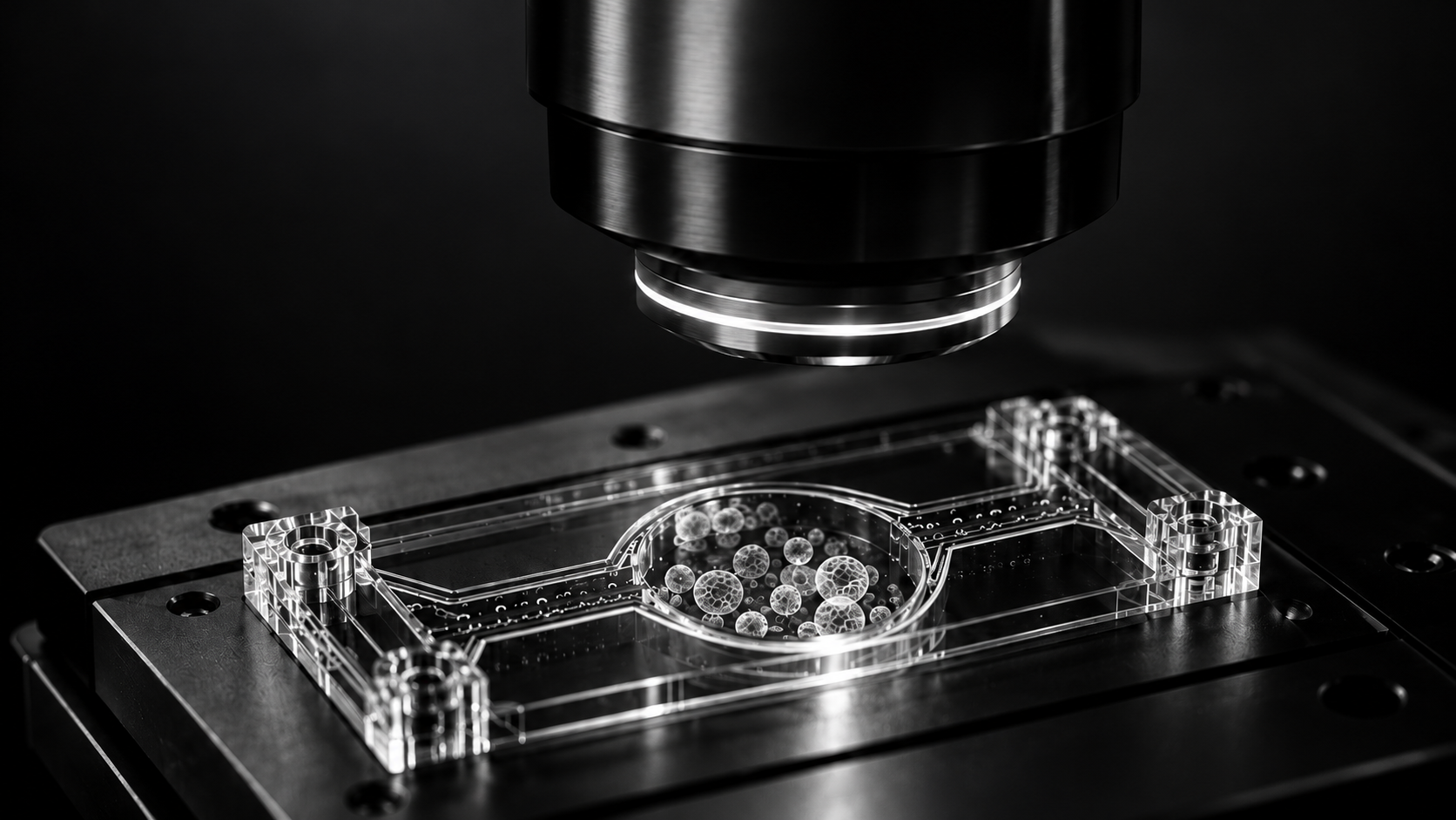 Microscope objective suspended above a transparent microfluidic chip